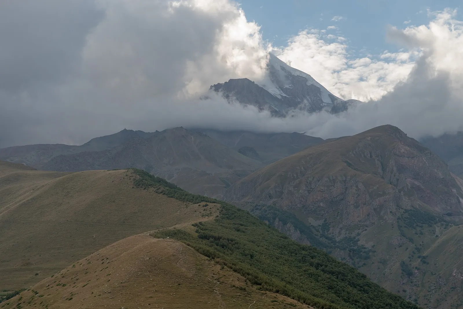 Mount Kazbek seen from Gergeti Trinity Church in Georgia