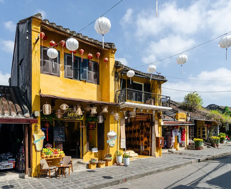 Yellow shophouses and silk lanterns in Hoi An Ancient Town